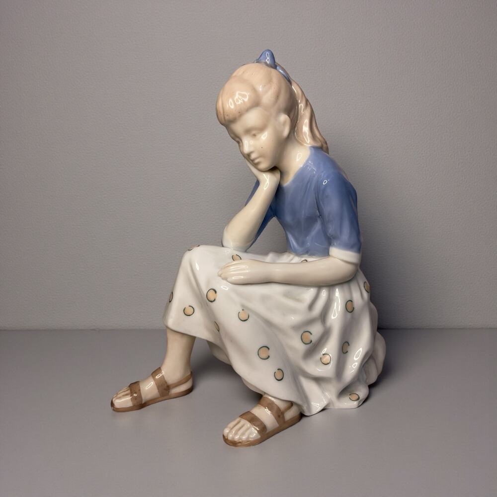Andrea by Sadek Porcelain Figurine Girl Sitting Blue Top Polka Dot Skirt Japan